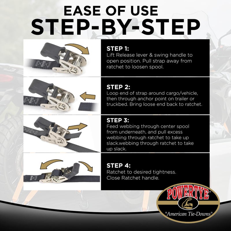PowerTye - Endless Ratchet Strap - 1in x 4ft Easy Grip (Hookless), Tie Down Strap w/ 400 lb. Working Load Limit / 1,200 lb. Break Strength, Ideal for Motorcycle, ATV, Bike, & Coolers, Black 2-Pack - Image 5
